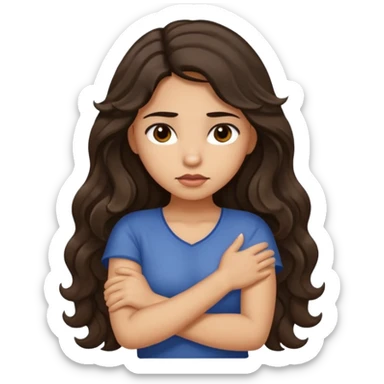 Hispanic light tan girl with long dark wavy hair crossing her arms under arm pit and slightly pouting sticker