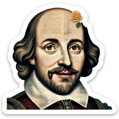 Shakespeare made of newspaper cuttings wearing flowers, roses flowers sticker