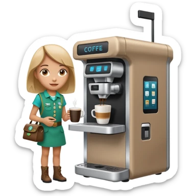 Girl Scouts selling coffee at her stand by the side of the road with their own robotic looking coffee machine  sticker