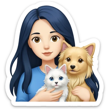 Woman with long black hair holding a blue and white long-haired cat and a golden retriever dog sticker