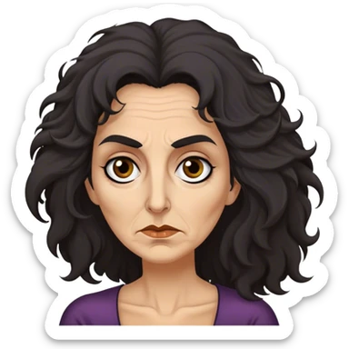Mirri Maz Duur is a weathered, age 50 woman with deep-set dark eyes, high cheekbones, and a sharp nose, giving her a stern, knowing expression. Her long, unkempt dark frizzy hair  falls loosely over her shoulders sticker