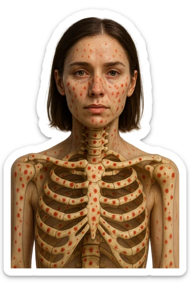 donna realistica con red spot sparsi alle ossa, ossa visibili sul corpo, iperrealistico 4k sticker