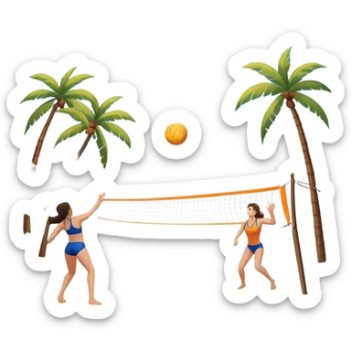 A volleyball resting on the orange sand of a beach, with a volleyball net in the background. The scene includes a beautiful beach landscape with blue sea, sky, and palm trees, while a couple of women in swimsuits play in the distance, capturing the relaxed yet competitive vibe of beach volleyball. sticker