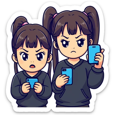 minimal, bold, expressive emoji-style of cute girl with long twin ponytails and straight bangs, dark clothes, angry face with furrowed brows and puffed cheeks, holding phone tightly, floating phone screen showing two smiling characters, making her jealous, simple pink background sticker