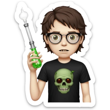 short wavy brown haired zombie getting stoned with weed t shirt and bong on his hand and wearing black chrome hearts bifocals sticker
