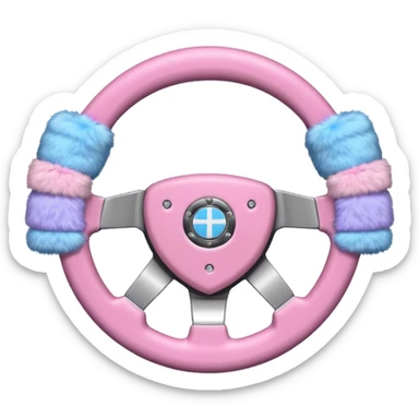 steering wheel with transgender pride flag colors and strifes , with fluffy pink handcuffs sticker