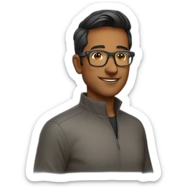 indian tech founder clean shaven in quarter zip with tortoise glasses sticker