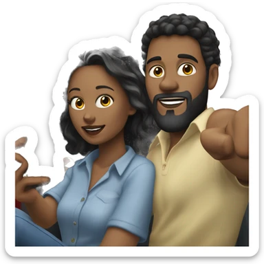A young man with why colour, black hair with a black beard sitting next to a white woman with brown hair in the car taking the selfie sticker