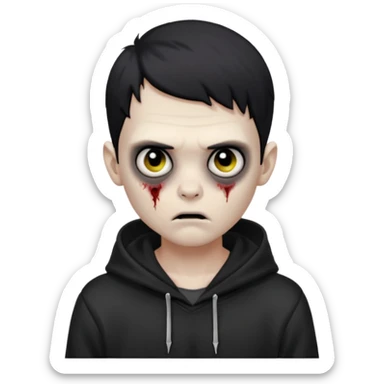 Zombie boy with the short black hair, pale-white skin, black eyes, little fangs and dark circles under his eyes. He has serious face and he wear a black hoodie sticker
