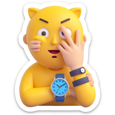 A yellow emoji face with a worried expression, looking at a wristwatch with raised eyebrows, showing urgency and stress sticker