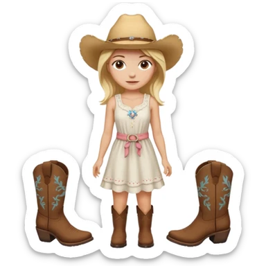 Please give me the woman standing emoji with a peach skin tone, medium length blonde hair, and dark brown eyes. Please make her wear a white sundress and brown cowgirl boots sticker