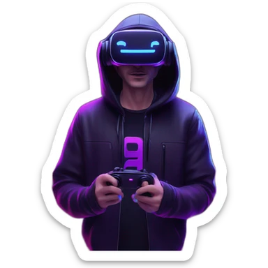 Russian man wearing a black hoodie with "OMG" letters on it and VR headset in a cyberpunk VR environment with violet neon lighting. sticker