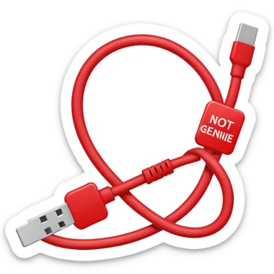 a red slash over a cable with with the text "NOT GENUINE" sticker