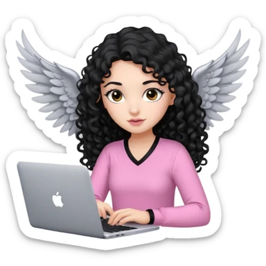 a girl typing mac book with long black curly hair and brown eyes with winged black eyeliner, pink shirt sticker