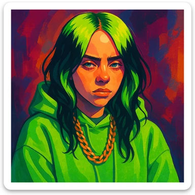 stylized portrait of Billie Eilish with green hair, oversized clothing, moody expression, pop star vibe sticker