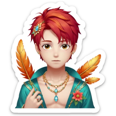 Beautiful gorgeous anime boy with beautiful fiery-special-hair, fashion aesthetic, ethereal, fairycore, pastelcore, feather, flower, gems, accessories, jewelries, gold, colorful sticker