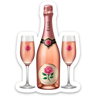 bottle of sparkling rose champagne tilted up and to the right, with a rose logo, no glass sticker