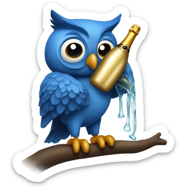 Blue owl holding a popped bottle of champagne  sticker