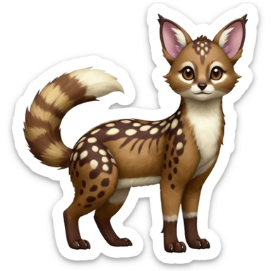 Colorful dark realistic chocolate-brown tropical beige fur glorious divine exotic cute cool beautiful shiny beautiful fantasy-Furret-Eevee-caracal-civet-genet-sergal-vernid-Cacomistle-oncilla-animal-Fakémon-hybrid-fursona with white deer-spots pattern markings (full body) sticker