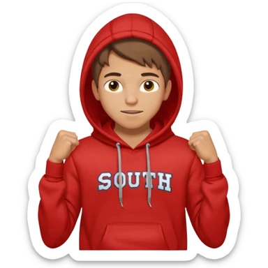 make me an emoji of an americain 19 yearold boy in a red hoodie that says "south" on it and give him with tan skin with his hands in his hands in his pocket wth a small smile flexing his muscles sticker
