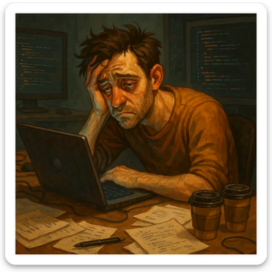 frustrated developer at work slumped over laptop tired eyes cluttered desk digital art style sticker