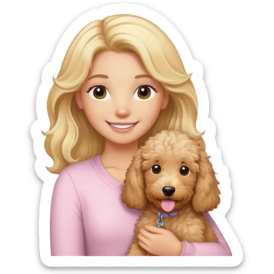 blonde girl with long hair wearing light pink smiling holding tan goldendoodle sticker