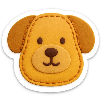<StylePrompt>
  <Name>Minimal Felt Appliqué Icon</Name>
  <Description>
    A soft, handcrafted felt icon style with lightly padded forms, simple shapes, and clean outlines. Features slightly more visible stitching for tactile charm while maintaining a low-detail aesthetic.
  </Description>
  <VisualProperties>
    <Material>Felt</Material>
    <Texture>Soft, matte surface with subtle fiber detail</Texture>
    <Stitching>
      <Type>Threaded edge stitch</Type>
      <Color>Muted orange or warm brown</Color>
      <Pattern>Evenly spaced running stitch around edges</Pattern>
      <Thickness>Medium (approximately 10% more pronounced than minimal)</Thickness>
      <Contrast>Moderate (stitch color clearly distinct from base felt)</Contrast>
    </Stitching>
    <Padding>Low to moderate—slightly raised but not deeply dimensional</Padding>
    <Edges>Smooth and rounded with clean curves</Edges>
    <ColorPalette>
      <Primary>Warm yellows, oranges, and browns</Primary>
      <Accent>Dark brown for facial features</Accent>
      <Background>Neutral off-white or soft beige</Background>
    </ColorPalette>
  </VisualProperties>
  <FacialFeatures>
    <Eyes>Small round dots</Eyes>
    <Nose>Simple oval or triangle</Nose>
    <Mouth>Minimal curved line or none</Mouth>
    <DetailLevel>Low</DetailLevel>
  </FacialFeatures>
  <Rendering>
    <Lighting>Soft and diffused</Lighting>
    <Shadows>Subtle, barely visible</Shadows>
    <Perspective>Front or side profile, flat angle</Perspective>
  </Rendering>
  <Applicability>
    <SubjectType>Animals, symbols, objects</SubjectType>
    <OutputFormat>Icon, patch, or sticker</OutputFormat>
  </Applicability>
</StylePrompt>

{subject} = dog sticker