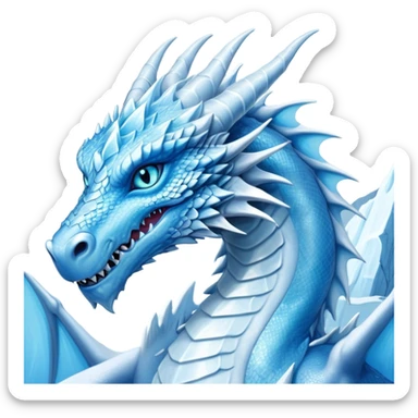 Cinematic Noble wise elegant Ice Dragon Portrait Emoji, Poised and imposing, distinct long elegant snout, with a slender, scaled body shimmering in glacial hues of icy blue, frostbitten silver, and crystalline white, breathing out frost, with piercing, glowing ice blue white eyes that radiate the chilling depths of an arctic storm; rendered in detail. excuding wisdom sticker