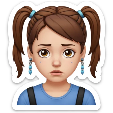 a white girl with brown hair in short pigtails with piercings frowning sticker