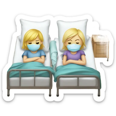Two blonde children, sick, each in their own bed, wearing surgical masks, one Boy, one girl, at home, get well soon sign with yellow heart sticker