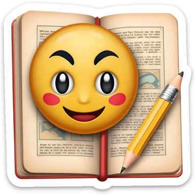 Create a detailed emoji representing the process of writing texts for comic books. The design should feature a large, open comic book with vintage comic strips visible on its pages. A pencil should be shown writing text on one of the comic panels, but without a hand. The pencil should appear as though it is actively creating the dialogue or narration. Use a classic color palette with muted tones for the comic book and brighter accents on the pencil to draw attention to the writing process. Do not include any emojis or smiley faces. Make the background transparent. sticker