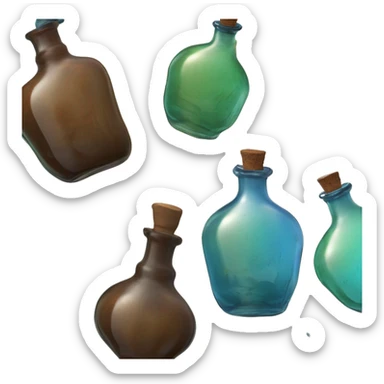 Mysterious Alchemical vintage glass potion bottle, exquisite bottle shape, old and shabby, with label, stylish and minimalistic, brown, blue and green, oil potion is poured out of the bottle, herbal, flowers and oil is spilled next to it sticker