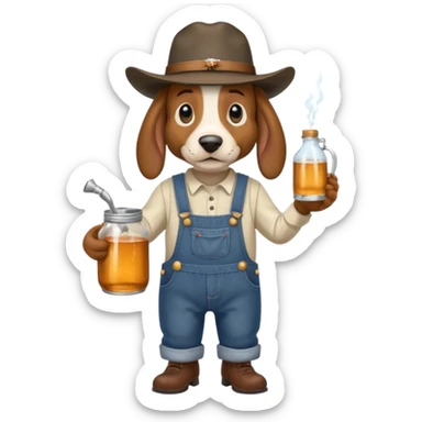 toothless hillbilly basset hound wearing a stetson and dungarees carrying moonshine sticker