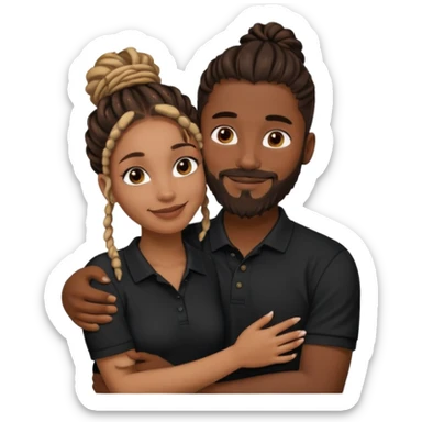 Couple emoji: smiling woman with brown skin, nose ring, makeup, hugging man with dark skin, beard, dreadlocks in a bun, wearing black polo. Warm, loving vibe. sticker
