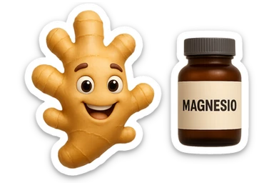 emoji stile iphone 3d di un pezzetto di zenzero e una boccetta di magnesio con la scritta "MAGNESIO" SULL'ETICHETTA CHE FLUTTUANO IN ARIA, iperrealistico 4k sticker