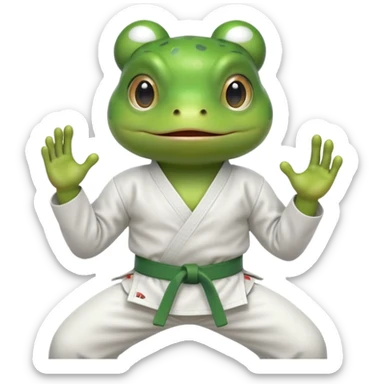 cute frog doing karate portrait, head and shoulders only, wearing white gi uniform, green belt visible, funny serious face, 3D cartoon, mobile game icon style, clean background, no text, no watermark
 sticker