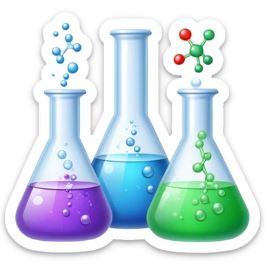 An icon featuring laboratory flasks with tubes, symbolizing chemistry. The design includes liquid and powder substances, a chemical reaction with bubbles, and molecular formulas, representing chemical processes like hydrolysis. Transparent background sticker
