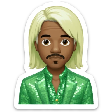 Andre 3000 from Outkast with long white blonde hair, pale green sequin outfit sticker
