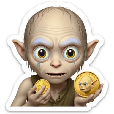 Gollum gazing at a coin in his hand sticker