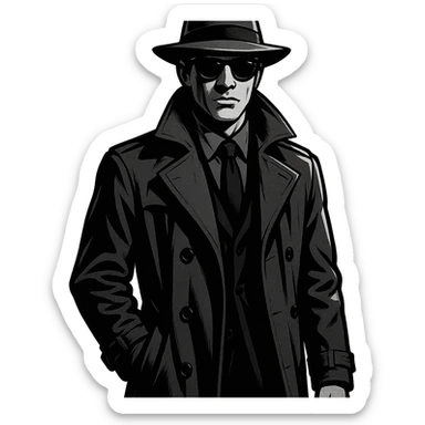 a spy, mysterious and cool, wearing sunglasses and a trench coat sticker