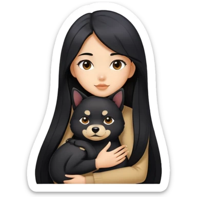A beautiful girl with long black hair hugs a Black Shiba Lnu sticker