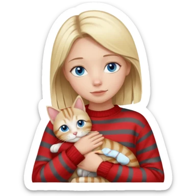 Blonde girl with blue eyes in red sweater cuddling with light grey tabby cat with dark grey stripes sticker