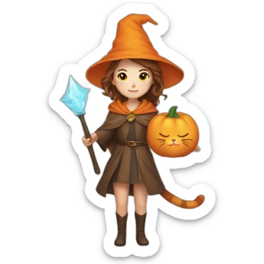 brown hair girl wizard and orange cat wizard sticker