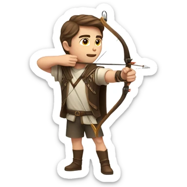 a male archer aiming with a bow, brown hair, bright skin, sticker