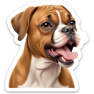 Cinematic Cute Yawning Fawn Boxer dog Portrait Emoji, Head tilted slightly with a dramatic, wide-open yawn, showcasing a short fawn Fur with a crisp white muzzle and chest, floppy ears slightly drooping, round brown eyes barely open in drowsy contentment, Simplified yet irresistibly adorable features, highly detailed, glowing with a soft, cozy glow, high shine, relaxed yet expressive, stylized with a touch of whimsy, bright and endearing, soft glowing outline, capturing the essence of a sleepy yet affectionate guardian, so drowsy it feels like it could stretch right out of the screen and curl up for a nap! sticker