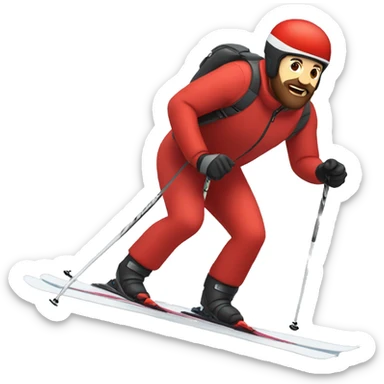 man in a red jacket and a brown short beard skiing. The man has a black helmet and red skis sticker
