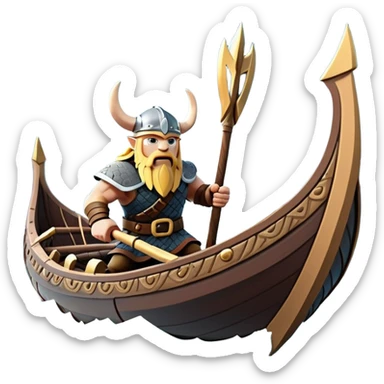 clash-of-clans-aesthetic_-cinematic-viking-longboat, rendered in a flat, bold vector style with minimal shading, featuring a striking dragon-headed prow slicing through icy, churning waters. shields on the side and vikings rowing The longboat’s intricately detailed shields and carved motifs evoke a sense of epic adventure and Nordic might, with billowing sails catching a dramatic, stormy sky backdrop. sticker
