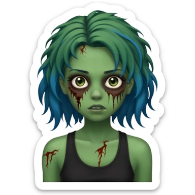Crie um emoji de uma garota zumbi com a pele verde, como deste emoji "🧟‍♀️". Põem com uma regata de cor preta, os cabelos castanhos na altura do ombro e picotado, liso na raiz e cacheado nas pontas e com mechas azuis sticker