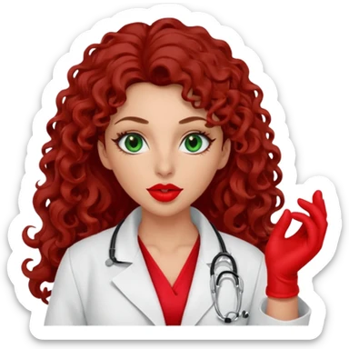 Lilith symbol sexy evil woman. She has green eyes.  had brown long curly hair.  evil surgeon kills with scalpel wears red sexy doctor coat with red mouth cover red gloves. Covers nose, neck  and mouth with Muslim red berka sticker