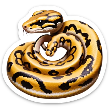 A photo-realistic top-down view of a Ball Python gently coiled into a tight spiral, with its head resting peacefully at the center. Its scales are warm brown with bold, irregular black markings, including the distinctive “alien-head” pattern, flowing smoothly along its body.  sticker